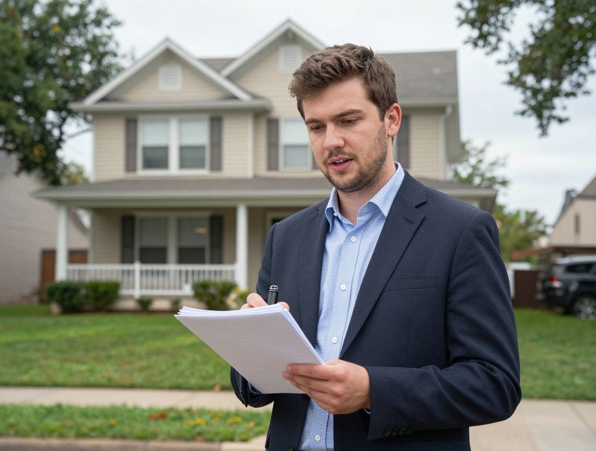 Репортёр с блокнотом берёт комментарий у жителя в жилом районе Dallas на фоне типичных одноэтажных американских домов