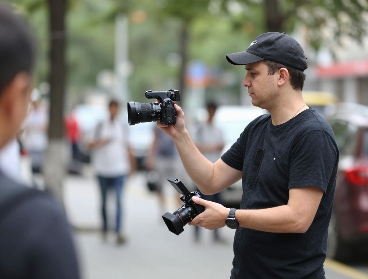 Видеожурналист с профессиональной камерой ведёт репортаж с места события на городской улице с ярким естественным освещением