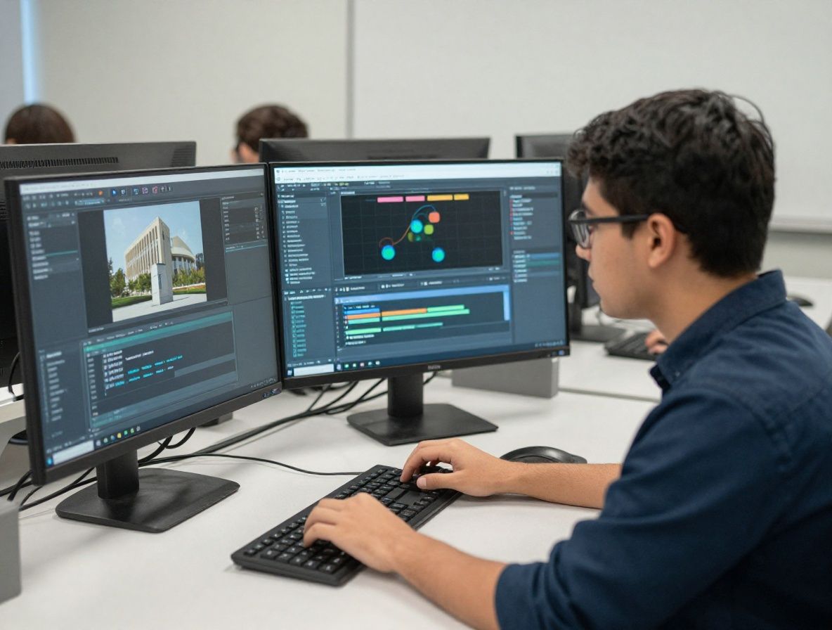 Курс цифровых медиа в Reportis: студент работает за компьютером с инструментами аналитики и редактирования контента в учебной лаборатории