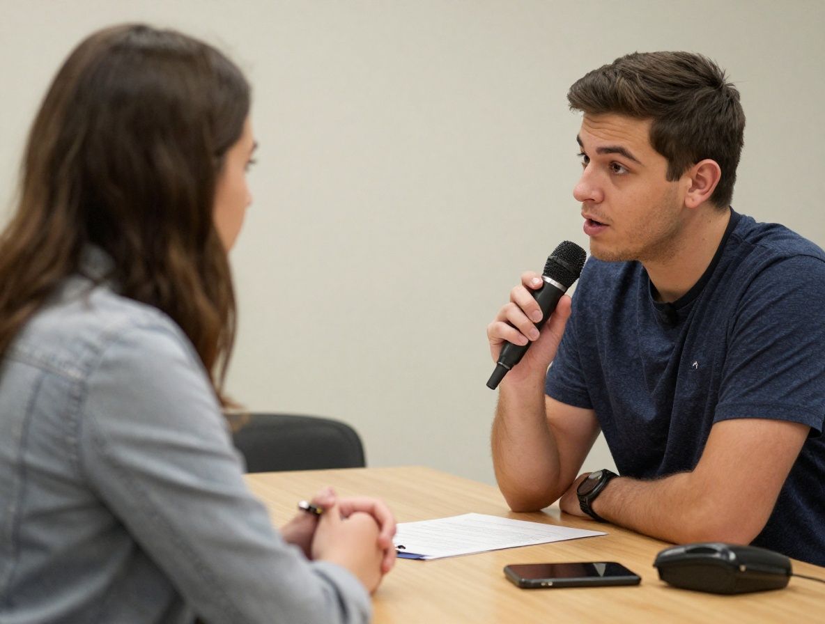 Курс журналистики в учебной редакции Reportis: студент берёт интервью с диктофоном на фоне городской улицы Далласа