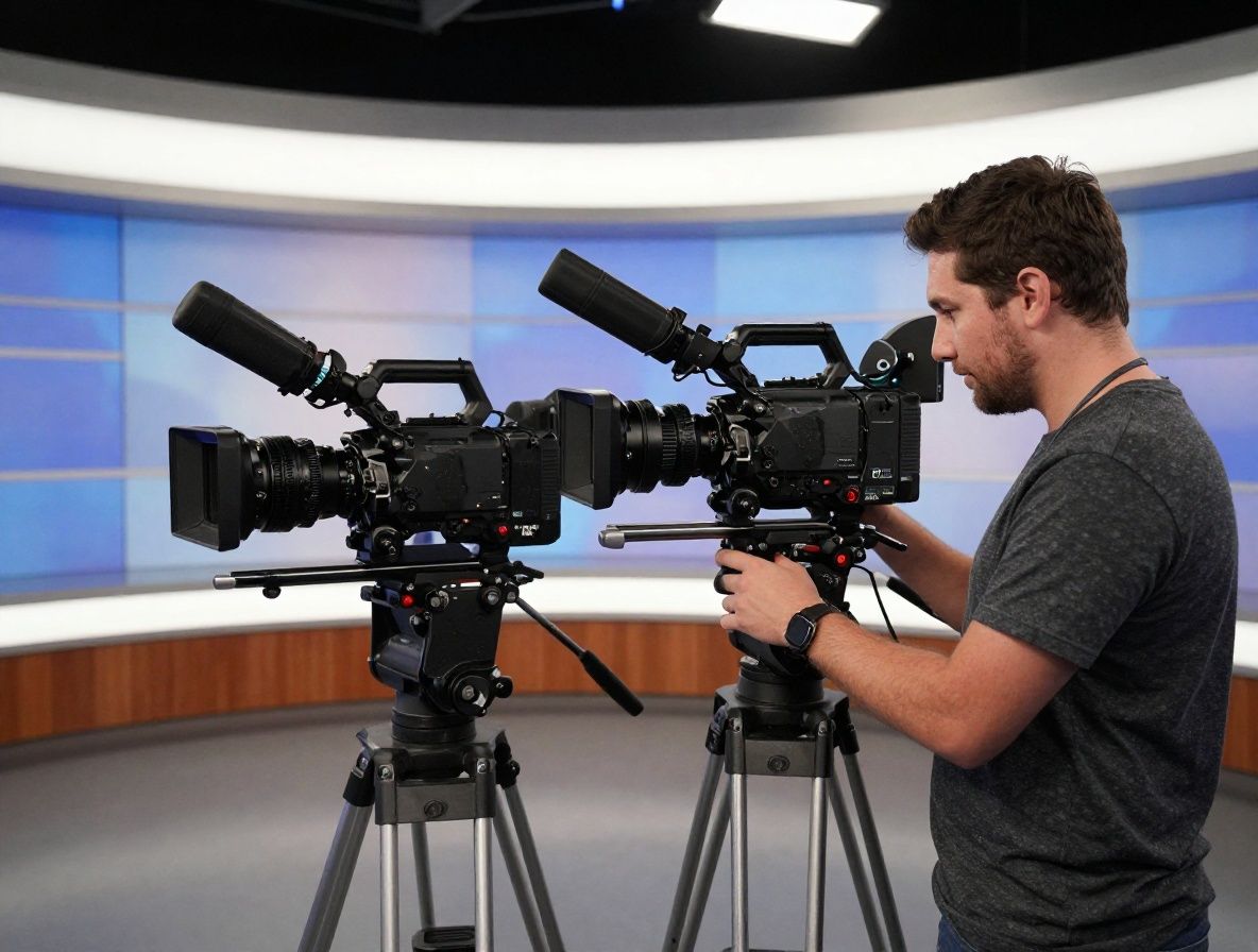 Студент курса видеопроизводства Reportis работает с профессиональной камерой в студии образовательного центра в Далласе