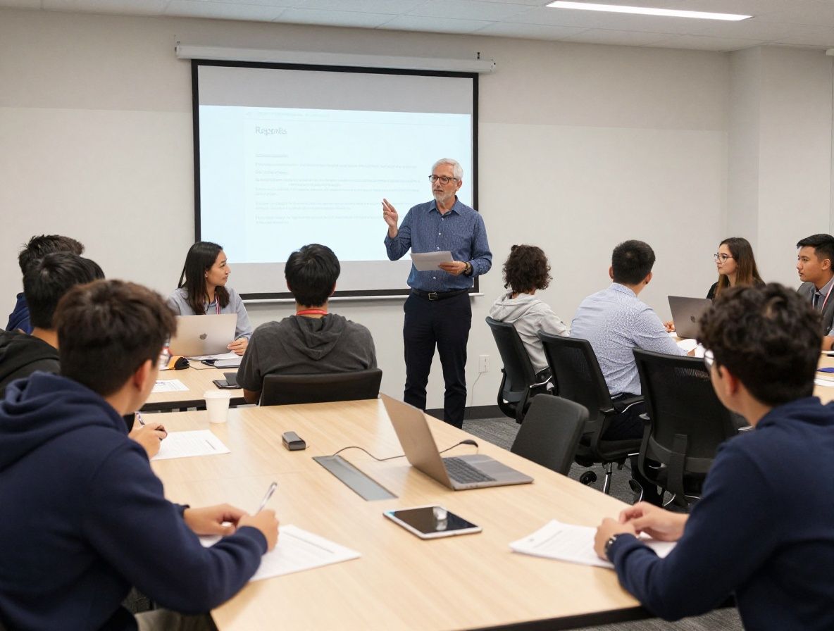 Редакционный воркшоп в Reportis: студенты за рабочими столами разбирают материалы с преподавателем в светлой современной аудитории в Далласе