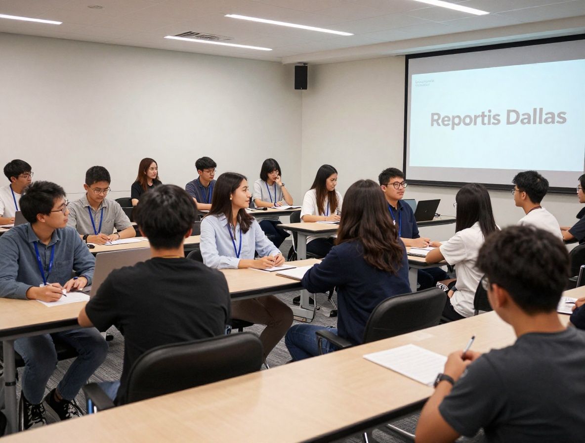 Студенты на занятии по медиакоммуникациям в современной учебной аудитории с профессиональным оборудованием в Reportis Dallas