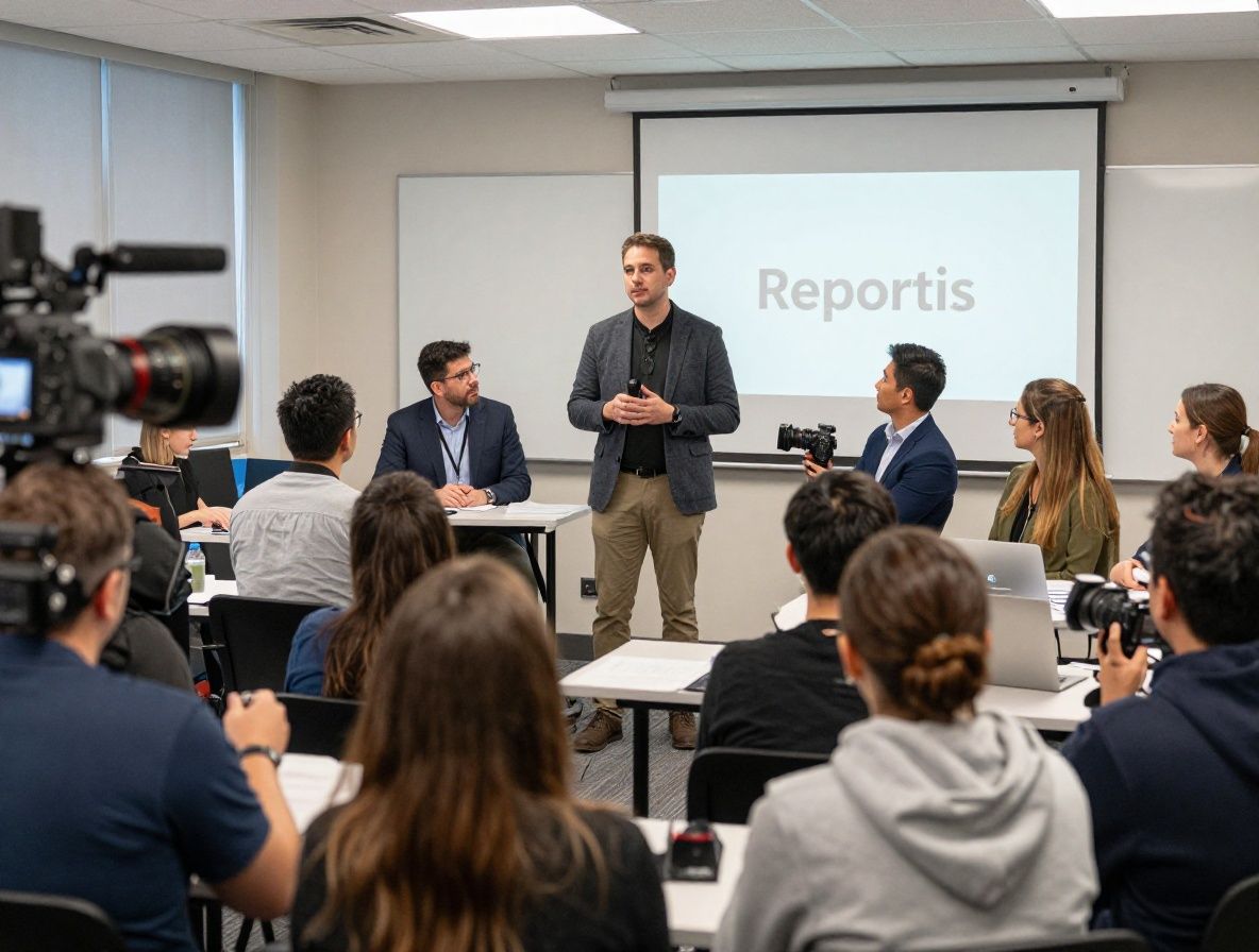 Команда преподавателей Reportis: группа профессиональных журналистов и медиаспециалистов в современном учебном пространстве Dallas, некоторые держат камеры и диктофоны